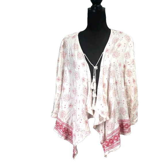torrid Jackets & Blazers - Torrid Boho White & Pink‎ Border Print Open Front Twill Jacket Plus Size 1X A001